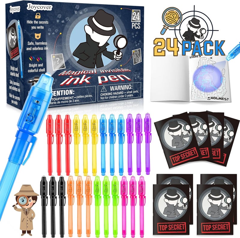 Joycover 24 PCS Invisible Ink Pen with UV Light for Kids, Spy Pens and Notebook，Birthday Party Favors for Kids 4-8, School Prize Goodie Bag Stuffers, UV Pen for Secret Message Escape Room - Image 1